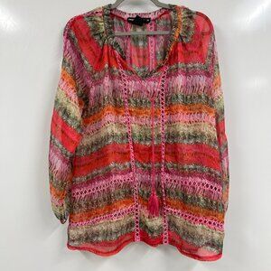 Sheer-like  Boho Tunic Top Tassel Tie Multicolor Festival Resort Blouse